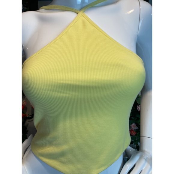 Halter Ribbed Stretch Yellow Cropped Top Size M refFNB - Picture 10 of 10